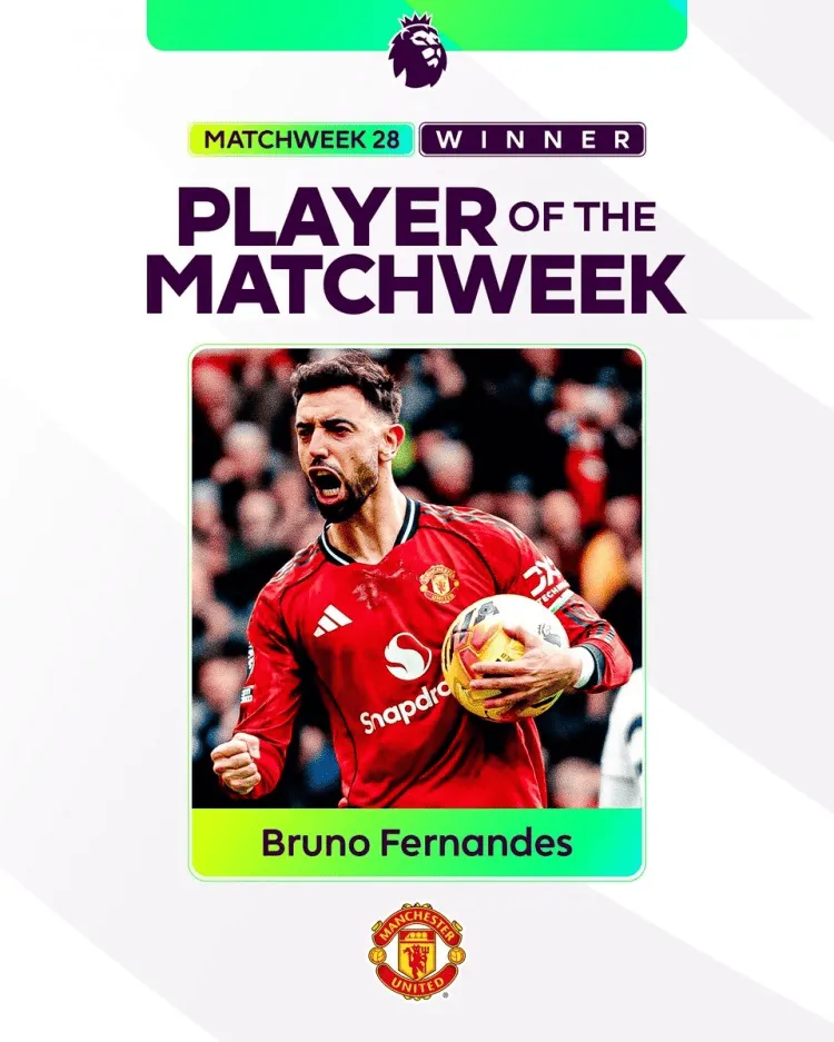 官方：B费当选英超第28轮最佳球员，本赛季已经第四次获奖